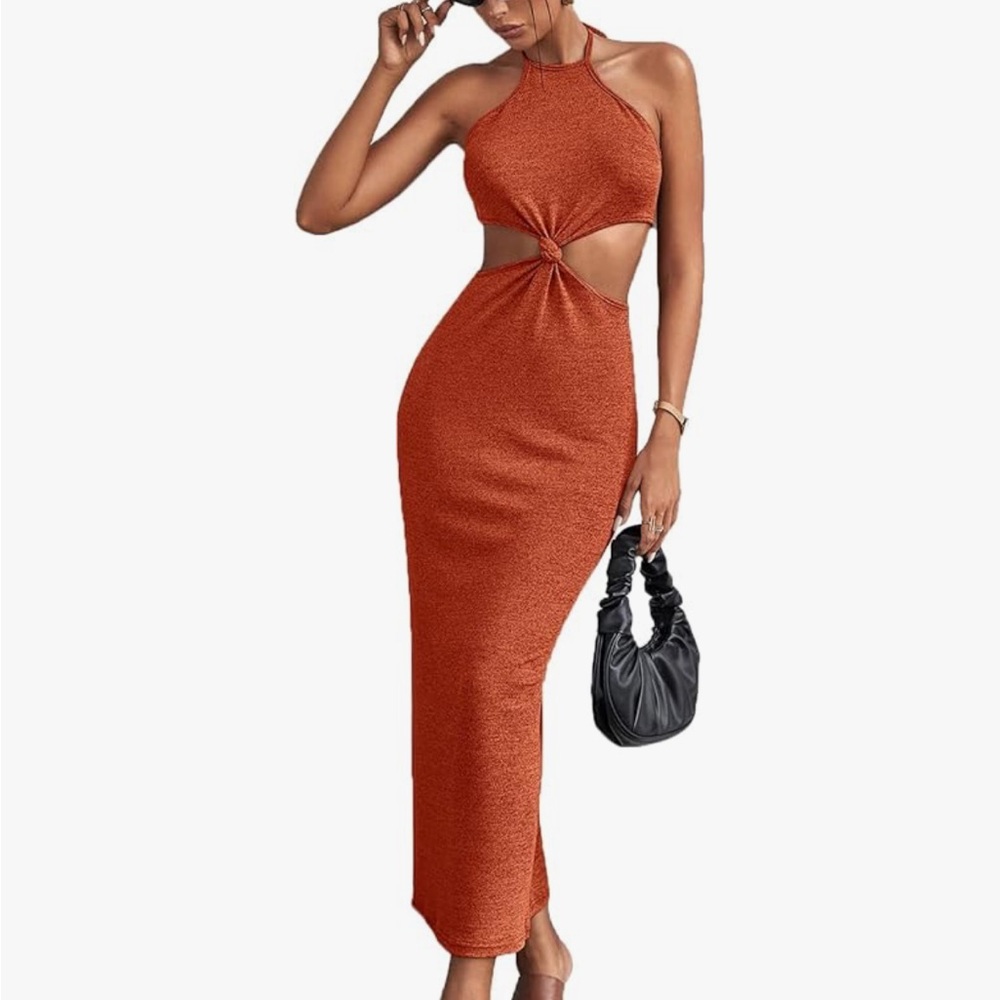 Burnt Orange Cut Out Halter Midi Dress
